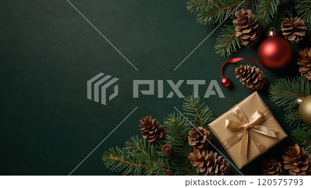 Christmas flat lay composition on dark green background 120575793