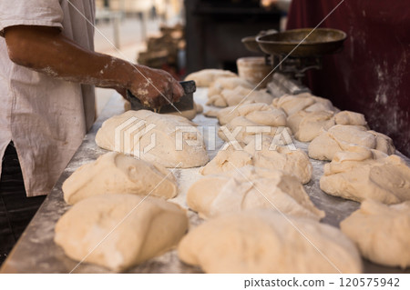 Yeast dough on baking table. cooking process 120575942
