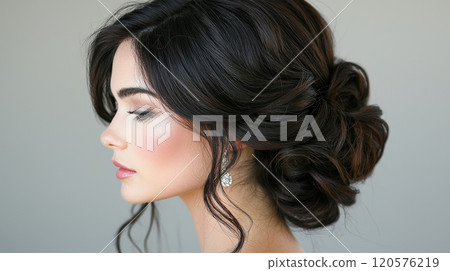 Elegant woman with curly updo hairstyle, featuring voluminous curls styled into romantic look, showcasing serene expression 120576219