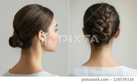 Two elegant hairstyles are showcased sleek low bun and sophisticated braided updo, both highlighting beauty of brunette hair. styles are perfect for formal occasions or everyday elegance Two elegant hairstyles are showcased sleek low bun and sophisticated braided updo, both highlighting beauty of brunette hair. styles are perfect for formal occasions or everyday elegance 120576316