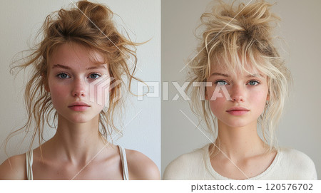 Three women with long, wavy hair in different shades blonde, brunette, and red stand against concrete wall, showcasing beauty and texture of their loose waves 120576702