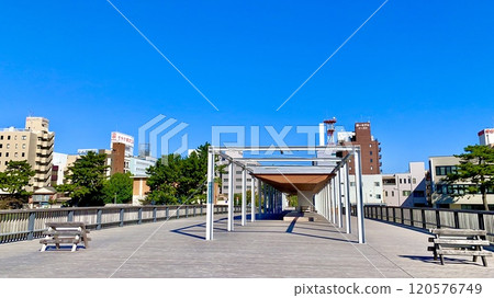 Sakurajo Bridge, illuminated by the clear blue autumn sky and with the warmth of wood, is a sight to behold (Otsugawa River Green Space/Okazaki City, Aichi Prefecture) Sakurajo Bridge, illuminated by the clear blue autumn sky and with the warmth of wood, is a sight to behold (Otsugawa River Green Space/Okazaki City, Aichi Prefecture) 120576749