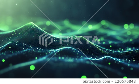 Green abstract digital landscape with glowing dots and wave patterns. Green abstract digital landscape with glowing dots and wave patterns. 120576848