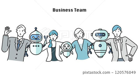 Business team and robot - startup - standing together with arms around each other - vector illustration 120576849