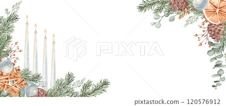 Christmas Advent Banner with Winter plants, handmade wooden Toy and burning Candles. Fourth Advent. Fir Branches, Eucalyptus, Pine Cones and dry Orange slice. Hand drawn Watercolor horizontal frame 120576912