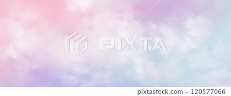Panoramic abstract pink blue sky background. Skyscape with fluffy clouds. Gradient fantasy paradise background. 120577066