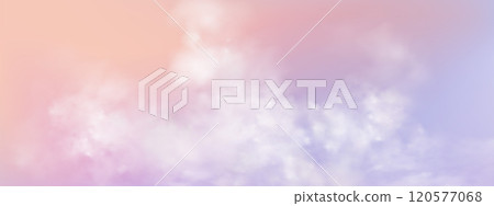 Panoramic abstract pink blue sky background. Skyscape with fluffy clouds. Gradient fantasy paradise background. 120577068