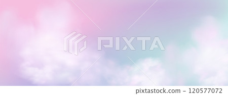 Panoramic abstract pink blue sky background. Skyscape with fluffy clouds. Gradient fantasy paradise background. 120577072