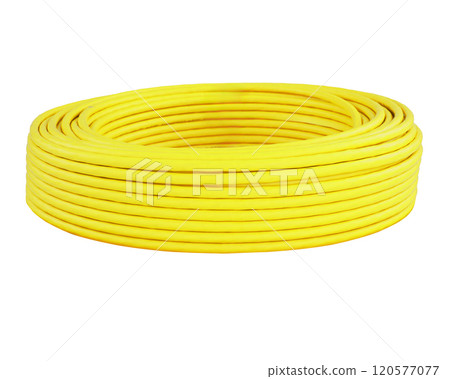 Close up of a coiled yellow electrical cable isolated on a white background ideal for industrial and construction visuals 120577077