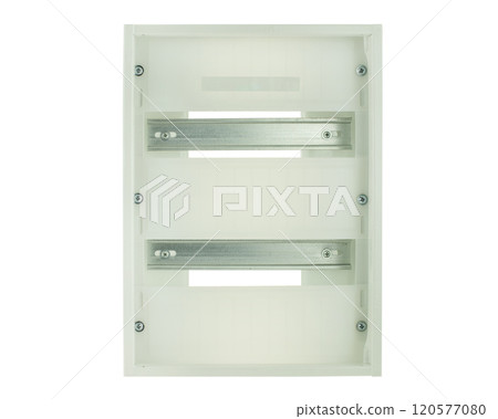 An empty electrical distribution box with mounting rails suitable for organizing circuit breakers and electrical components 120577080