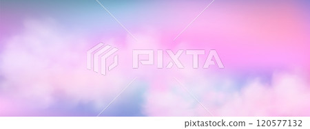 Panoramic abstract pink blue sky background. Skyscape with fluffy clouds. Gradient fantasy paradise background. 120577132