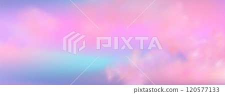 Panoramic abstract pink blue sky background. Skyscape with fluffy clouds. Gradient fantasy paradise background. 120577133