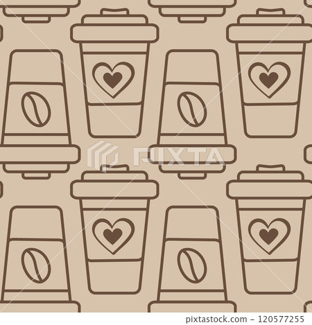 Outline disposable cups with grain and heart on label Seamless Pattern in trendy monochrome brown 120577255