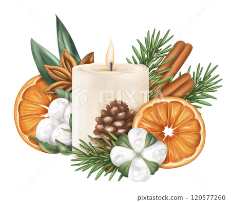 A candle with oranges, fir, cotton, cinnamon in winter composition. Handmade eco-friendly decor of natural materials for a sustainable Christmas. For holiday cards, design. Isolated illustration 120577260