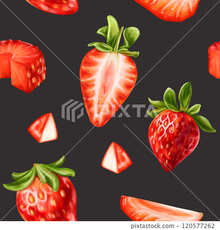 Seamless pattern with bright berries and strawberry slices. Sweet healthy dessert, cooking ingredients. Decorations for a festive table, a summer party. Hand-drawn illustrations, background 120577262