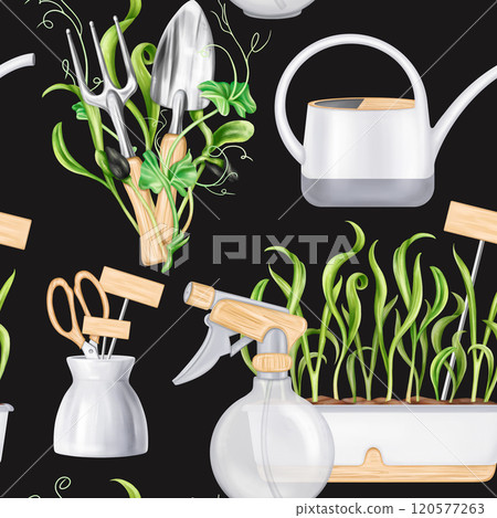A seamless pattern of garden tools for a florist to work with plants and soil in greenhouses. Seedlings with microgreens for healthy nutrition. Care of indoor plants. Digital isolated illustration 120577263