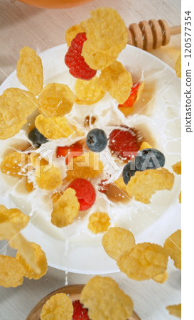 Freeze motion of flying group of cereal breakfast mix. Healthy eating and diet concept. 120577354