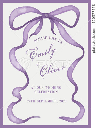 Trendy Coquette ribbon bow Watercolor wedding invitation card template. 120577558
