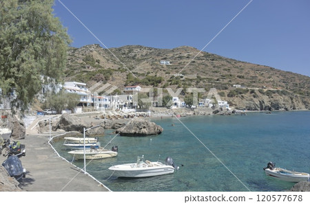 Agios Nikolaos is a small fishing village nearf Spoa on Karpathos island, Greece, which has small beaches 120577678