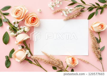 White card surrounded by pink roses and floral ornaments White card surrounded by pink roses and floral ornaments 120577683