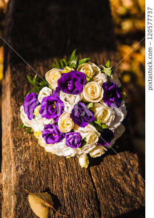 Beautiful wedding bouquet with purple flowers.a bouquet of roses and friezes 120577737