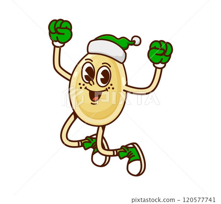 Cartoon Christmas pumpkin seed nut groovy character jumping with excitement, wearing festive green Santa hat, gloves and sneakers. Isolated vector cheerful personage captures spirit of Xmas holiday Cartoon Christmas pumpkin seed nut groovy character jumping with excitement, wearing festive green Santa hat, gloves and sneakers. Isolated vector cheerful personage captures spirit of Xmas holiday 120577741