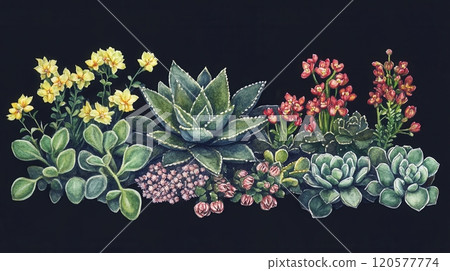Detailed botanical watercolor showcasing succulents on dark background 120577774