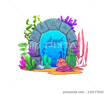 Magic game underwater portal, crafted from sea stones with engraved runes, coral tendrils and seaweeds entwine arched door. Cartoon vector mystical gateway invites to explore hidden aquatic realms Magic game underwater portal, crafted from sea stones with engraved runes, coral tendrils and seaweeds entwine arched door. Cartoon vector mystical gateway invites to explore hidden aquatic realms 120577844