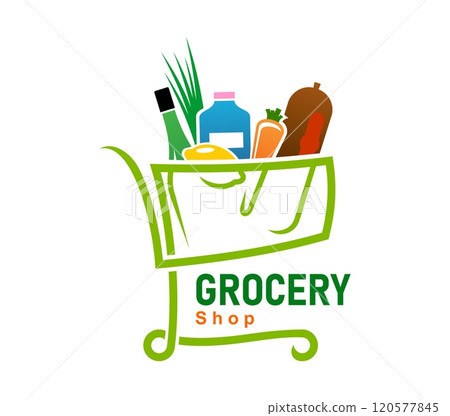 Grocery shop icon featuring shopping cart filled with food items like bottle, loaf, carrot, lemon and greens. Isolated vector emblem for supermarkets, grocery stores, or online shopping platforms Grocery shop icon featuring shopping cart filled with food items like bottle, loaf, carrot, lemon and greens. Isolated vector emblem for supermarkets, grocery stores, or online shopping platforms 120577845