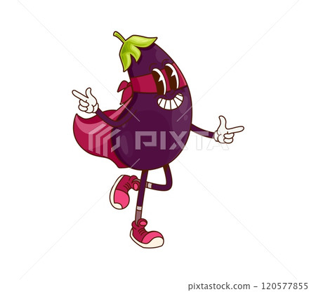 Groovy eggplant superhero vegetable cartoon character. Isolated vector funny veggie comics book vigilante donning cloak and mask. Fairytale healthy food, vitamin retro personage, fresh garden plant Groovy eggplant superhero vegetable cartoon character. Isolated vector funny veggie comics book vigilante donning cloak and mask. Fairytale healthy food, vitamin retro personage, fresh garden plant 120577855