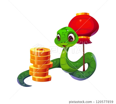 Cartoon snake for Chinese lunar New Year, vector cute character. 2025 New Year calendar or Chinese lunar zodiac horoscope symbol of snake with gold coins and red paper lantern of China luck symbol 120577859