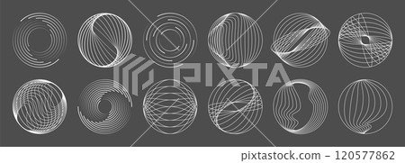 Line round spiral shapes, concentric geometric wave swirl. Vector set of abstract vortex circles, dynamic circular ripples, thin radial bursts, curve whirlwind sonars. White whirlwind looping patterns 120577862