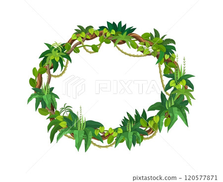 Tropical jungle frame, rain forest liana branches and leaves. Cartoon vector oval rainforest border, photo frame, game menu template. Circular frame composed of lush green leaves and exotic vegetation 120577871