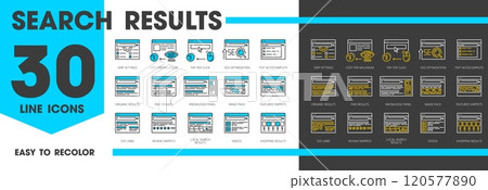 SERP line icons, search engine result page. Cost per millennium, SEO optimization, text autocomplete and knowledge panel. Image pack, featured or review snippets, site links, paid or organic results 120577890
