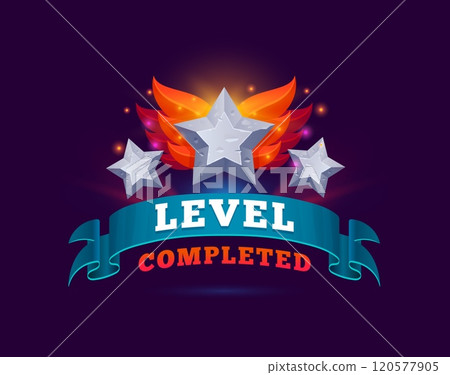 Level complete game asset icon, level up badge, ui popup user interface element with stone stars, fiery wings and blue banner. Vector gui mobile or web app reward for successful challenge completion 120577905