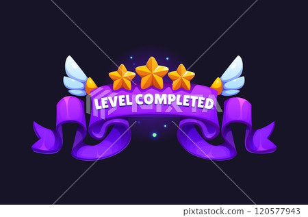 Game asset featuring a level completed badge icon with a purple ribbon, three golden stars, and wings. Cartoon vector banner for enhancing gaming interfaces and victory screens, conveying achievement Game asset featuring a level completed badge icon with a purple ribbon, three golden stars, and wings. Cartoon vector banner for enhancing gaming interfaces and victory screens, conveying achievement 120577943