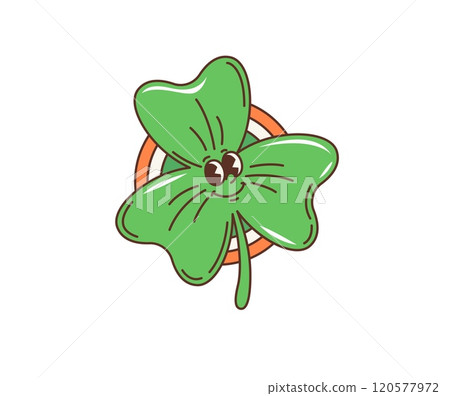 Cartoon retro groovy shamrock clover leaf for Saint Patrick Day holiday, vector character. Funny groovy green shamrock clover leaf with happy faces on badge or sticker for St Patrick Day holiday Cartoon retro groovy shamrock clover leaf for Saint Patrick Day holiday, vector character. Funny groovy green shamrock clover leaf with happy faces on badge or sticker for St Patrick Day holiday 120577972
