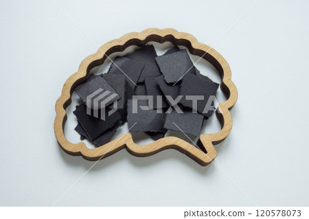 Brain outline with black paper pieces as negative thoughts. Mental health challenges. 120578073