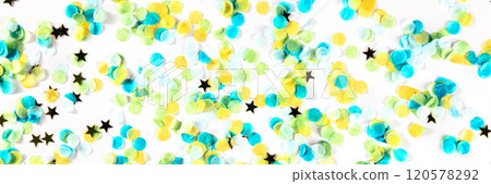 Festive panorama with confetti. Carnival greeting card with golden stars Festive panorama with confetti. Carnival greeting card with golden stars 120578292