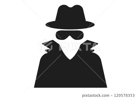 Incognito icon, mystery secret spy or detective silhouette, figure with hat glass or mask. Anonymous invisible character figure. Incognito icon, mystery secret spy or detective silhouette, figure with hat glass or mask. Anonymous invisible character figure. 120578353