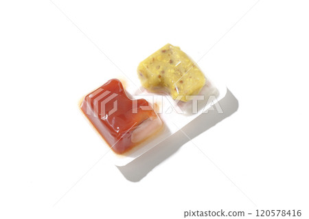 白色背景下拍攝的藥水容器中的番茄醬和芥末 白色背景下拍攝的藥水容器中的番茄醬和芥末 120578416