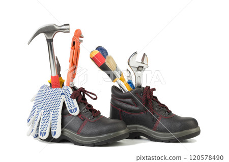 Still life with working tools and protective equipment. 120578490