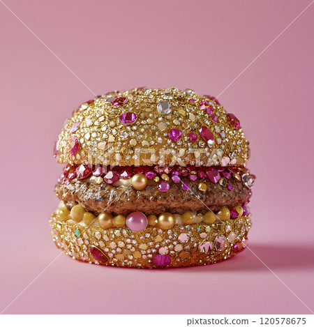 burger deluxe on a pink background, generative AI 120578675