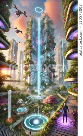 Futuristic city of the future where nature and technology are in harmony. Green buildings, solar panels, and waterfalls create a cozy, eco-friendly atmosphere 120578808
