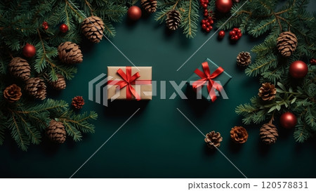 Christmas flat lay composition on dark green background 120578831