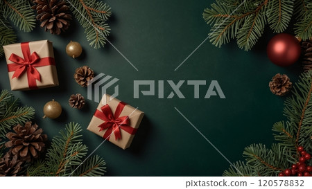 Christmas flat lay composition on dark green background Christmas flat lay composition on dark green background 120578832