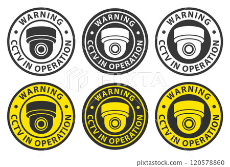 CCTV security camera circle sign icon set. Security cameras in use symbol collection. Fixed CCTV camera logo sign. Vector illustration image. Isolated on white background. CCTV security camera circle sign icon set. Security cameras in use symbol collection. Fixed CCTV camera logo sign. Vector illustration image. Isolated on white background. 120578860