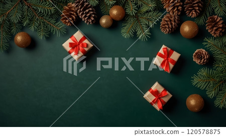 Christmas flat lay composition on dark green background Christmas flat lay composition on dark green background 120578875