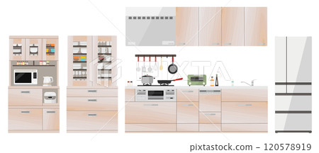 Wood grain system kitchen vector illustration set Kitchen Cooking Cooking Model room Cupboard Stove Dishwasher 120578919