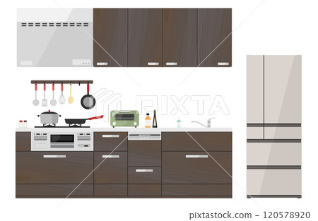 Wood grain system kitchen vector illustration set Kitchen Cooking Cooking Model room Stove Dishwasher Refrigerator 120578920